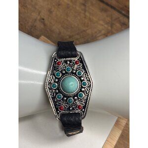 Lucky Brand Leather Bracelet With Turquoise & Red Accents Adjustable Fit Silver-